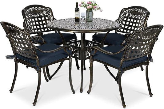 VIVIJASON 5-Piece Patio Furniture Dining Set, All-Weather Cast Aluminum Outdoor Conversation Set, Include 4 Cushioned Chairs and a 35.4" Round Table w/Umbrella Hole, Navy Blue Cushion