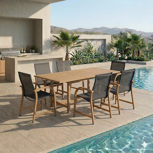 Urban Elements Mykonos 7-Piece Rectangular Patio Furniture Set | 100% Certified Teak Table and Teak Finish Chairs | Backyard Furniture, Rectangular Outdoor Dining Set