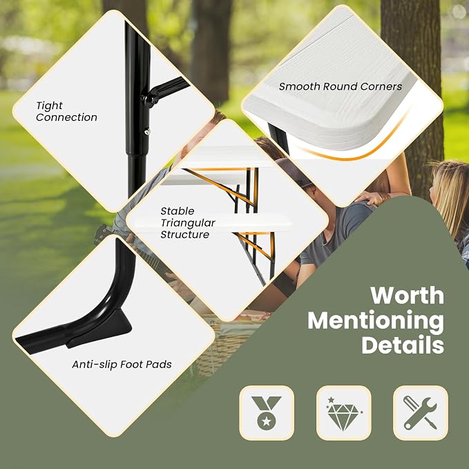 Moccha Folding Picnic Table - Portable Picnic Table with Benches, HDPE Tabletop, Metal Frame, Foldable Camping Table, Outdoor Dining Table Set for Garden Party BBQ Patio Table Bench Set (White)