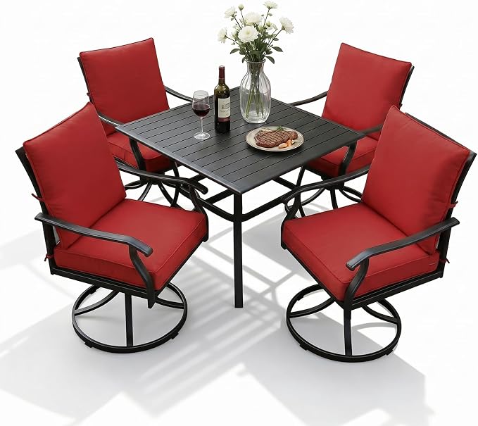 LVUYOYO 5-Piece Outdoor Patio Dining Set, Metal Swivel Chairs & Square Table Set, All-Weather Furniture for Backyard, Garden,Balcony,Porch (Red)