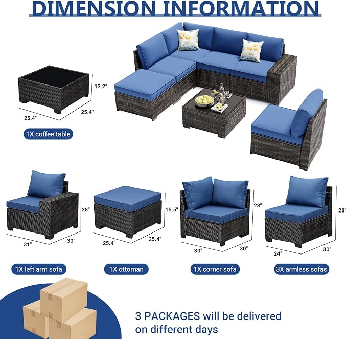 JOYURE 7 Pieces Patio Furniture Set, Outdoor Sofa with Waterproof Cushions, Rattan L Shaped Patio Couch & Coffee Table, Modern Outdoor Furniture for Backyard, Deck, Balcony – Navy