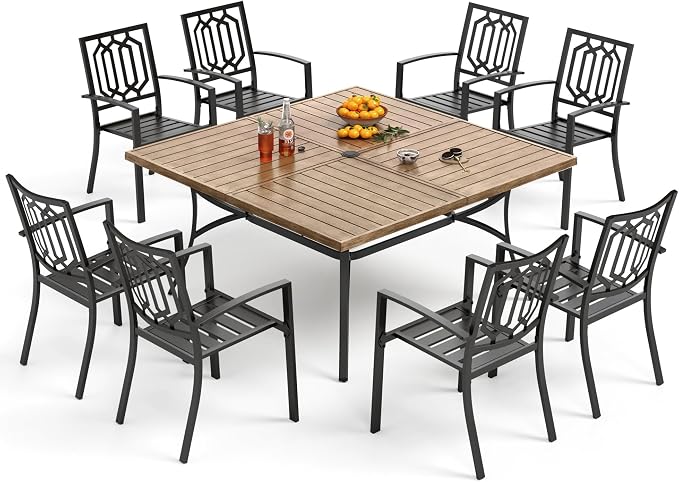 PHI VILLA 9 Pcs Outdoor Dining Set& 57.5" Wood-Like Table | Square Iron Table w/ Umbrella Hole & Stackable Black Metal Steel Chairs,Patio Furniture Set for Patio, Deck, Yard, Porch