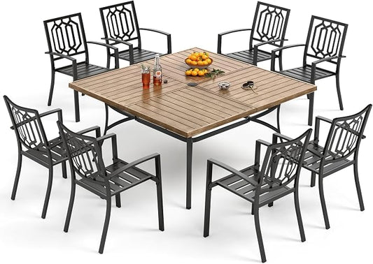 PHI VILLA 9 Pcs Outdoor Dining Set& 57.5" Wood-Like Table | Square Iron Table w/ Umbrella Hole & Stackable Black Metal Steel Chairs,Patio Furniture Set for Patio, Deck, Yard, Porch