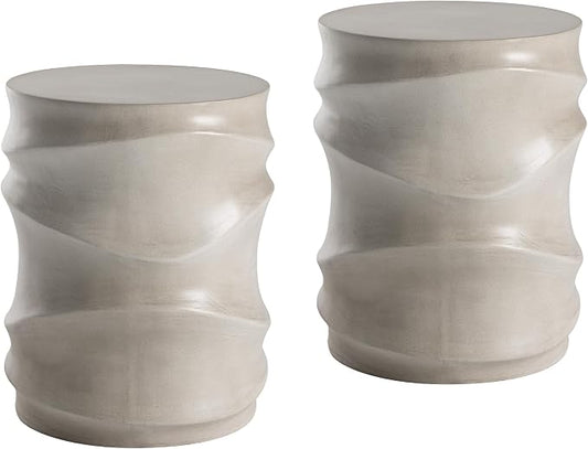 COSIEST Set of 2 Outdoor Side Table, 2 Pieces Concrete Table for Patio, Streamlined Lightweight Accent Decorative Patio Garden Stools, Plant Stand Drum Table, Round, Grey