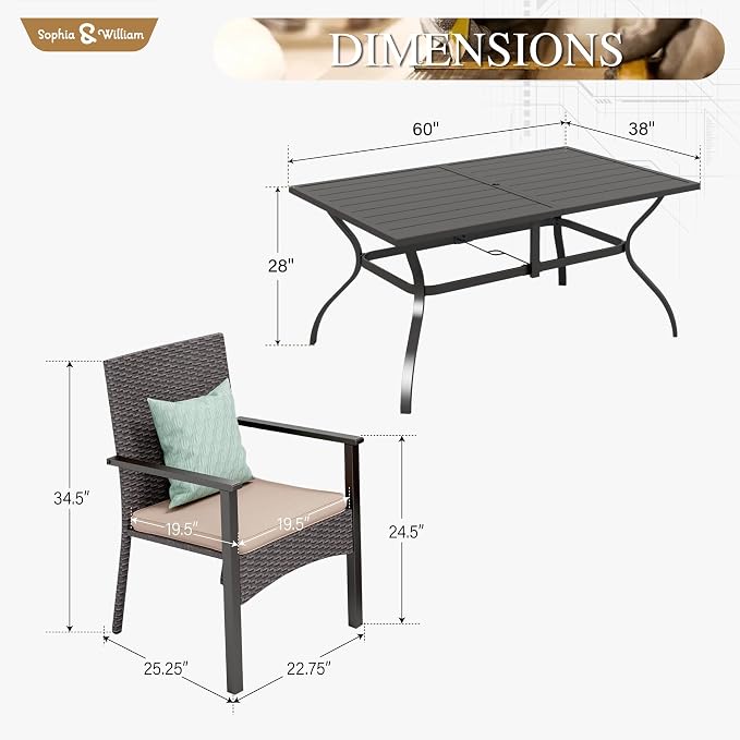 Sophia & William 7-Piece Patio Dining Set, Metal Table, PE Wicker Chairs | All Weather Patio Table and Chairs Set for 6, Perfect for backyard, deck, porch