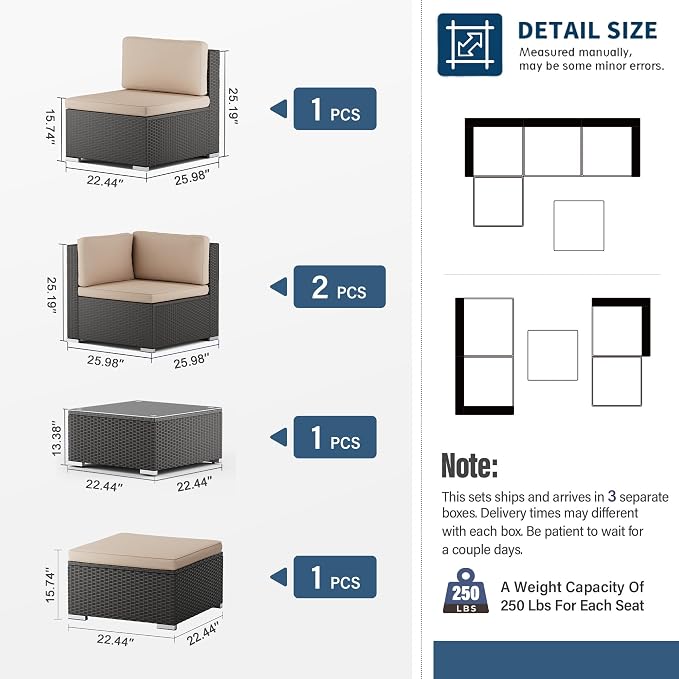 Oakcloud 5-Piece Outdoor Patio Furniture Sofa Set Black Rattan Wicker Sectional Conversation Sets with Glass Top Table and Cushions(Brown)
