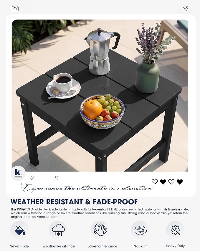 KINGYES Double Side Table with 1.6'' Umbrella Hole, HDPE Adirondack End Table- Black