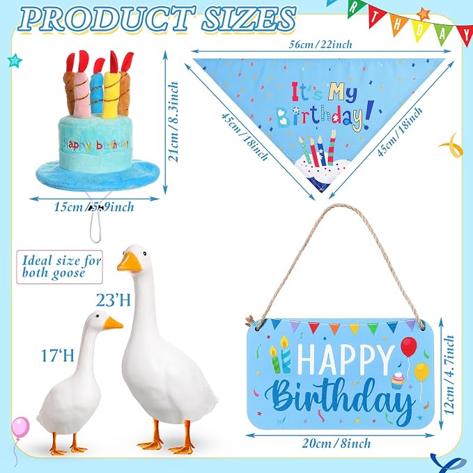 Happy Birthday Porch Goose Outfit Lawn Goose Cloth Costume for 23" Cement Plastic Patio Yard Statue Outdoor(Blue,Triangle Scarf)