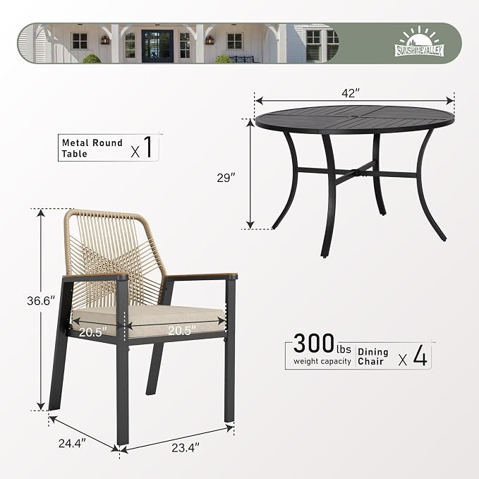 5 Pieces Patio Dining Set, 4 x Woven Rattan Chairs with Waterproof Cushion, 42” Metal Round Dining Table with Umbrella Hole, Outdoor Table and Chairs Set for Backyard Lawn and Deck, Beige