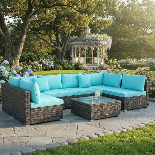 Tangkula 7 Pieces Wicker Patio Furniture Set, All-Weather Outdoor Rattan Sectional Sofa Set with Cushions & Tempered Glass Coffee Table, Outside Sofa Set for Garden, Lawn, Deck, Backyard (Turquoise)