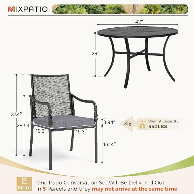 MIXPATIO 7 Pieces Outdoor Patio Dining Set for 6, Outdoor Table and Chairs Set, 6 Metal Chairs with Thickened Cushions, 54" Round Metal Table for Garden Backyard