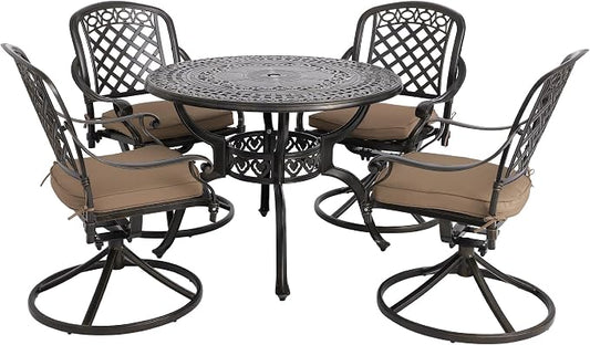 5-Piece Cast Aluminum Outdoor Patio Dining Set, All Weather Cast Aluminum Outdoor Furniture Dining Set for Patio, Balcony, Garden, Backyard w/4 Swivel Chairs & Cushions, 2.0" Umbrella Hole