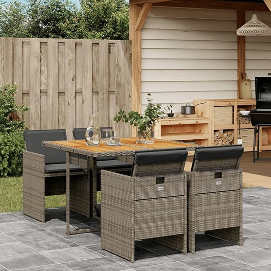 5 Piece Patio Dining Set with Cushions Gray Poly Rattan Outdoor Table and 4 Chairs Folding Backrest Acacia Wood Top Weather Resistant for Garden Backyard Deck Porch Entertaining Relaxing
