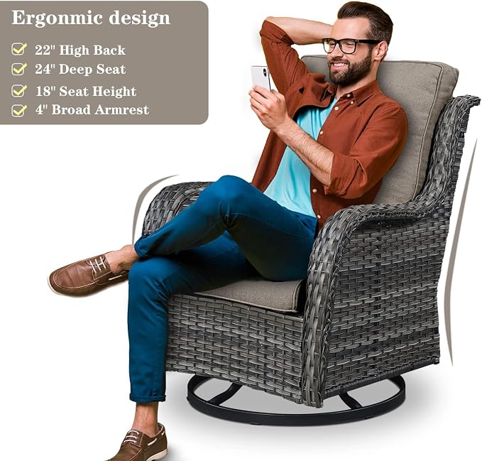 Belord 4 Piece Patio Wicker Furniture Set, Outdoor Swivel Rocker Chairs, All Weather Outdoor Patio Loveseat with Cushion and Coffee Table for Deck Porch, Gray Wicker/Gray