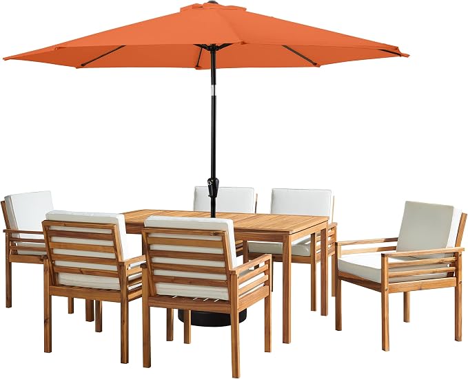 Alaterre Furniture Okemo 8 Piece Outdoor Dining Set with Umbrella - Solid Acacia Wood Outdoor Furniture Set with 63” Patio Table, 6 Patio Chairs, and 10ft Terracotta Umbrella