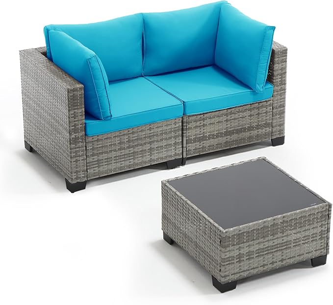 ANJ 3 Piece Outdoor Wicker Patio Furniture Set, Modular Loveseat Sofa with with Glass Top Coffee Table, All-Weather Rattan Conversation Couch Set for Balcony, Backyard, Light Grey Wicker-Turquoise
