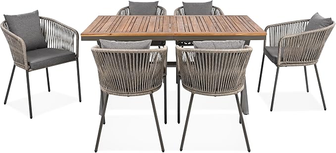 Modern 7 Pieces Patio Dining Set,Dining Table and Chairs, Acacia Wood Tabletop, Metal Frame,Outdoor Furniture Set for Garden, Backyard, Balcony
