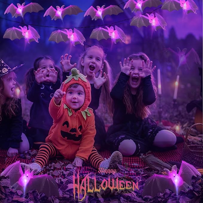 Halloween Decorations Outdoor 3D Flying Bats Solar String Lights | 15LED Bat String Lights, Halloween Garden Lights with 8 Lighting Modes, Light up Hanging Bats for Yard,Fence,Rail,Porch Decor