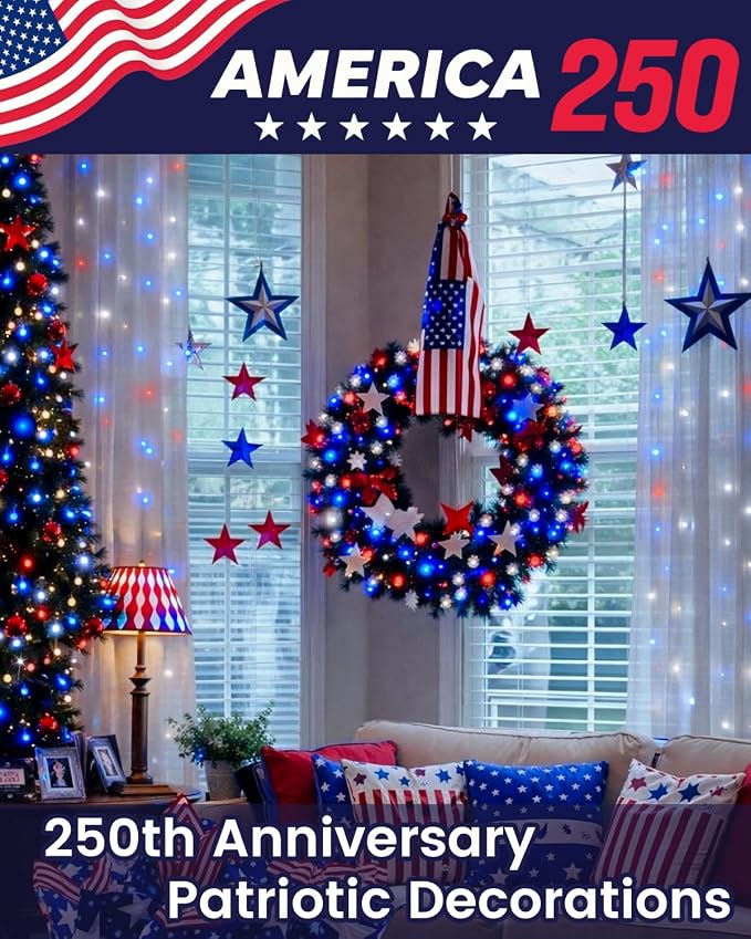 4 Pack 20 FT 60 LED Red White and Blue Battery Operated Fairy Lights Timer | 4th of July Battery String Lights Waterproof Outdoor Indoor, Cuttable Copper Wire, Independence Day Memorial Day Decorations