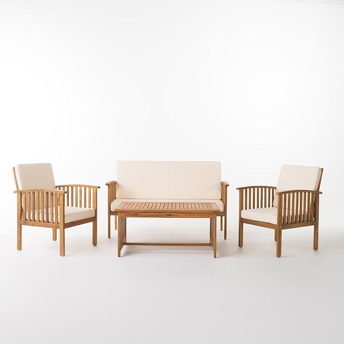 Christopher Knight Home 4-Piece Outdoor Patio Furniture Set, Acacia Wood Chat Set with Loveseat Coffee Table and 2 Chairs Cushions, Modern Backyard Garden Conversation Set, Light Wood