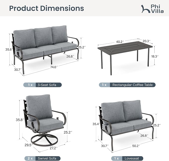 PHI VILLA Patio Furniture Set, 1 Loveseat, 3-Seater Sofa, 2 Swivel Chairs and a Coffee Table, Outdoor Metal Conversation Set with 5.75" Extra Thick Cushion for Garden Backyard Deck, Grey