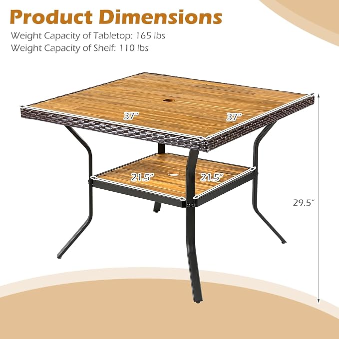 Tangkula 37" Square Wood Patio Dining Table for 4, Metal Frame Outdoor Wicker Table with Acacia Wood Tabletop, 2" Umbrella Hole, Bottom Shelf, Outside Table for Backyard, Garden, Deck, Poolside