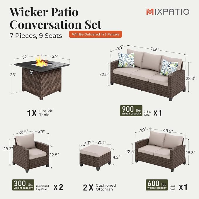 MIXPATIO Patio Furniture Set, 7 Pcs Wicker Outdoor Conversation Set, 2 x Leg Chairs, 1 x 3 Seater Sofa, 1 x 2-Seat Lover Sofa and 2 x Ottomans with 4" Thick Cushion and 32" Fire Pit Table, Beige