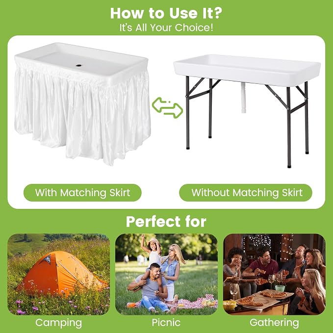 Folding Ice Cooler Table with Drain & Removable Matching Skirt, No Assembly Outdoor Cooler Side Tables, Beverage Fill and Chill Tables, Portable Ice Table for Party BBQ Camping Wedding