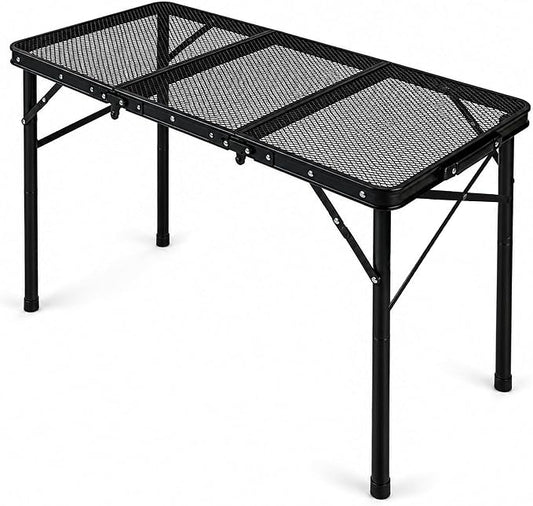 REDCAMP Small Triple fold Folding Grill Table for Outside, 3 Heights Adjustable Lightweight Portable Metal Frame Outdoor Table for Camping Picnic Cooking BBQ, Black, 34x16 inches