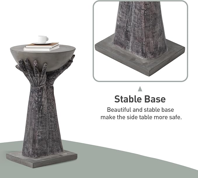 SUNBURY Outdoor Side Table, 24" H Hand-Shaped Concrete Side Table, Accent Patio End for Outside, Decorative Garden Stool for Plant Stand, Balcony