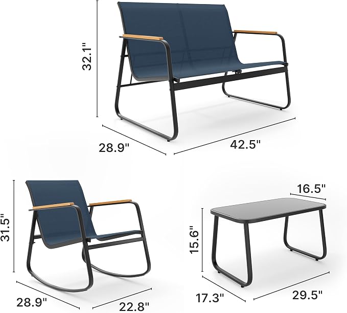 Ahomly 4-Piece Patio Furniture Set, Textilene Outdoor Conversation Set with 2 Rocking Chairs and Tempered Glass Coffee Table, for Lawn, Garden, Balcony, Poolside (Blue)