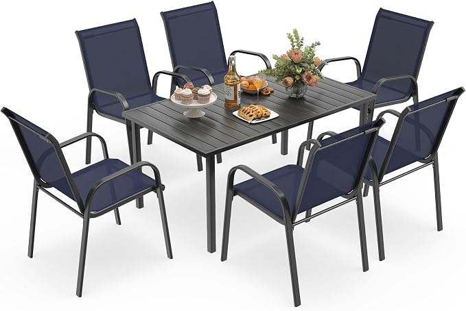 HAPPATIO Outdoor Patio Dining Set, 6 Quick Dry Textilene Dining Chairs and Dining Table with Umbrella Hole, Stackable Textilene Chairs for Garden, Patio and Poolside Backyard,Navy
