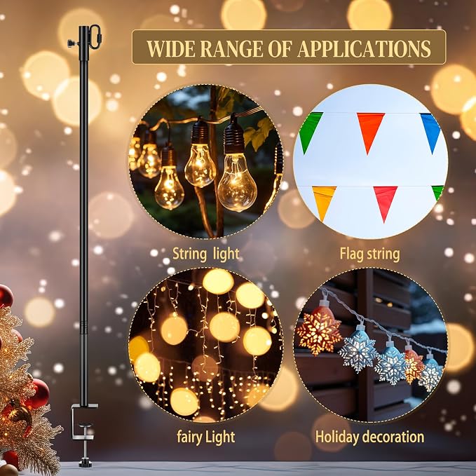 6 Pack Deck String Light Poles with Adjustable 3" Clamp, Outdoor Light Poles for String Lights Christmas Garden Backyard Deck Fence Railing Hanging Bird Feeders, Lanterns, Wind Chimes (28 Inch)