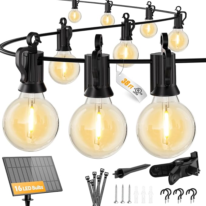 Brightown 38FT 16LED Solar String Lights Outdoor with USB Port | Shatterproof Bulbs, Dimmable & Timable, 3 Modes, Solar Patio Lights with a Mount Clip for Camping Backyard Garden Decor