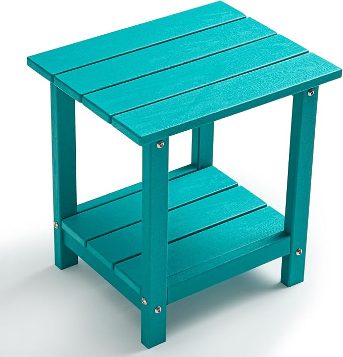 Outdoor 2-Tier Square Side Table, Adirondack Weather Resistant Patio End Table, Low Maintenance HDPE Accent Table for Backyard, Pool, Porch, Deck, Turquoise