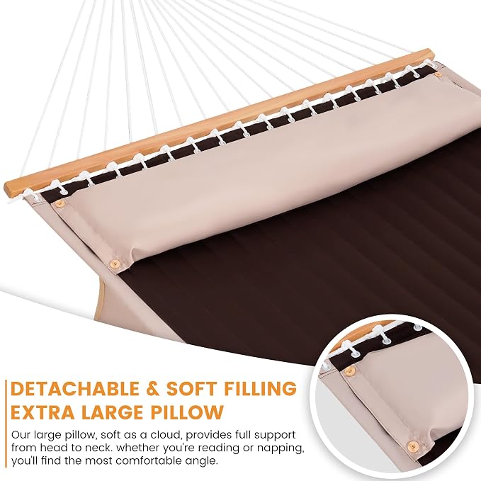 Lazy Daze Hammocks 2 Person Double Quilted Hammock with Spreader Bar, Detachable Pillow & Side Pocket, 450lbs Capacity for Patio Yard Garden Outdoor, Brown