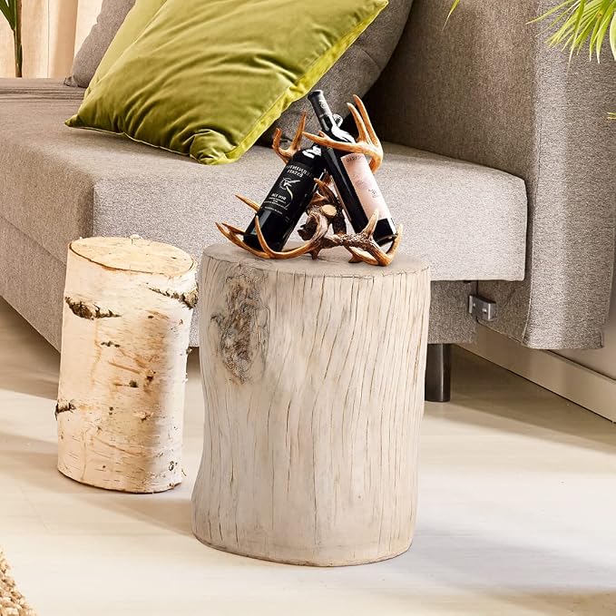 SUNBURY 15" W Stump Side Table Set of 2, Concrete Side Table Coffee Log, Beige Stool Prop Plant Stand Holder for Garden Household Living Room