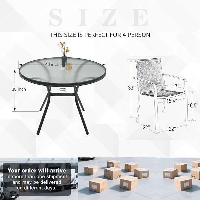 Outdoor 40" Round Glass Table and Brown Stackable Chairs Patio Dining Set 5 | 4 Piece Stackable Chairs Textilene Seat and Back, Table and Chair with Metal Frame, Round Glass Table Top, 1.7" Umbrella Hole