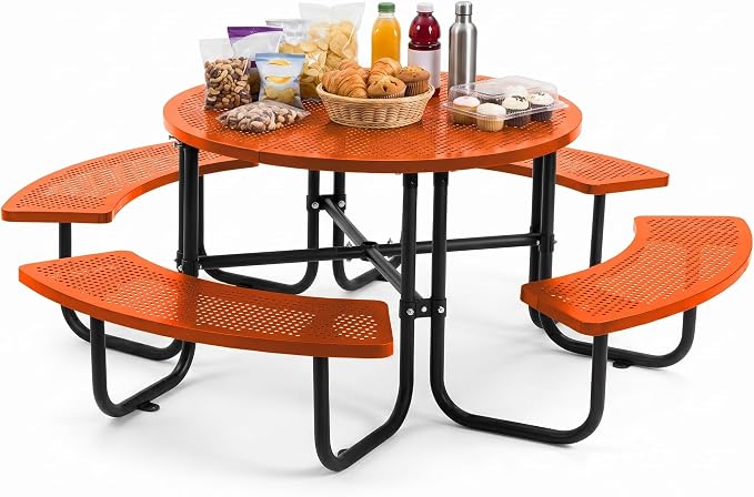 46" Round Metal Picnic Table with Umbrella Hole, Heavy Duty Outdoor Dining Set with Open Air Mesh Top, Stainless Steel Portable Table for Backyard, Patio, Garden - Orange (Orange-Round)