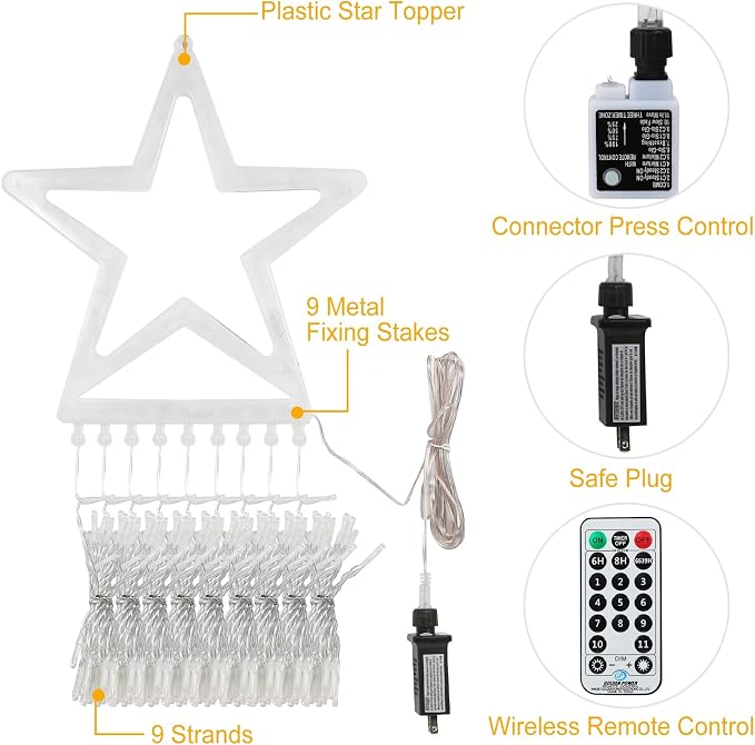 Christmas String Lights 320 LED Christmas Decorations Star Waterfall Lights with 11 Modes Remote Control for Tree Wall Yard Wedding Party (Warmwhite+Multicolored)