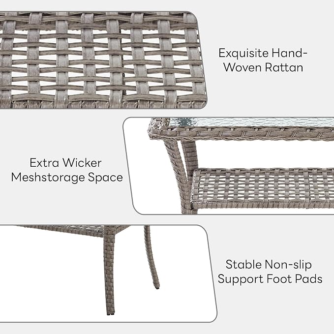 Belord 40 Inch Rectangular Coffee Table - Grey Wicker Outdoor Table with 2-Layer Storage, Tempered Glass Top, Rattan Patio Furniture for Balcony, Porch, Deck