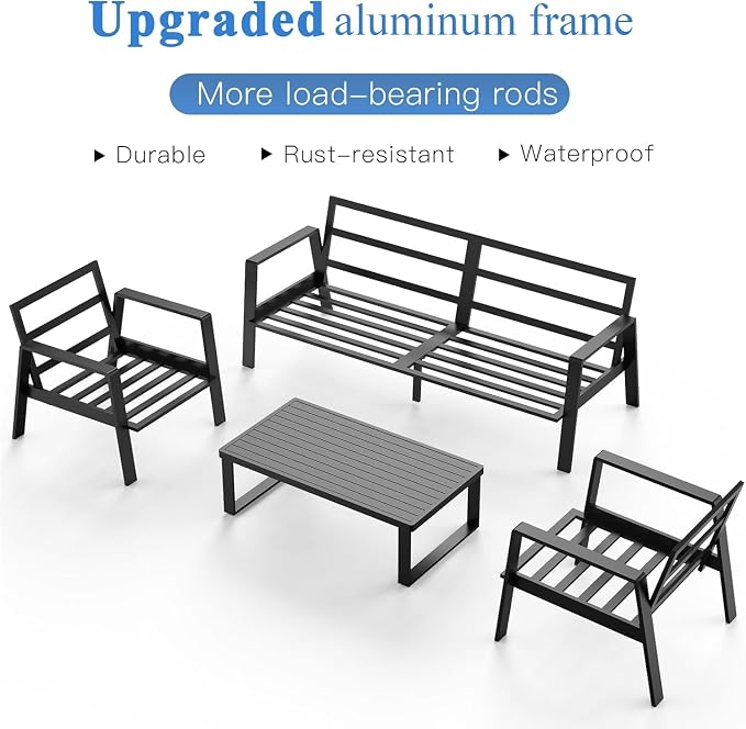 Aluminum Outdoor Patio Furniture Set, 4 Piece Sectional Coversation Sets with Coffee Table, Modern Outdoor Sofa Couch with Thick Cushions for Porch, Balcony, Garden (Dark Gray Cushions)