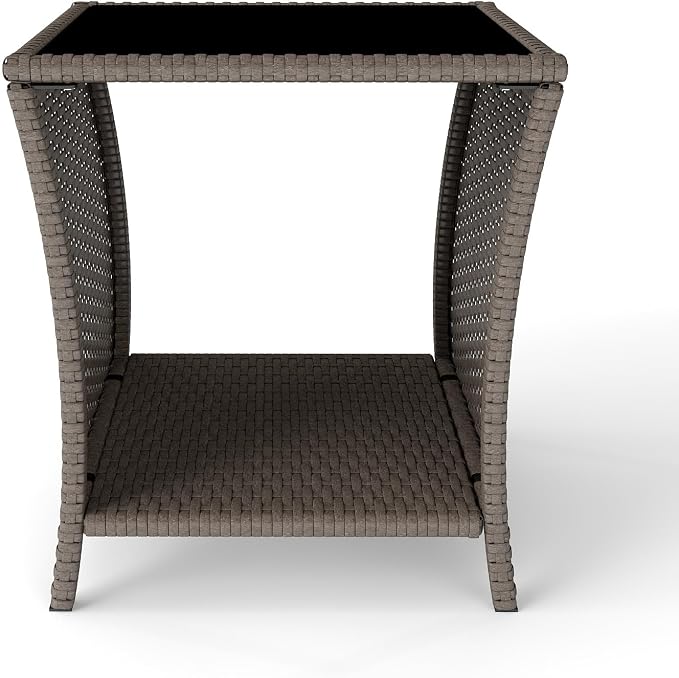 Kinfant Rattan Patio Side Table - Modern Wicker End Table, PE Rattan Coffee Table with Glass Top, Weather-Resistant Patio Furniture for Patio, Balcony, Garden, and Poolside (1, Sesame)