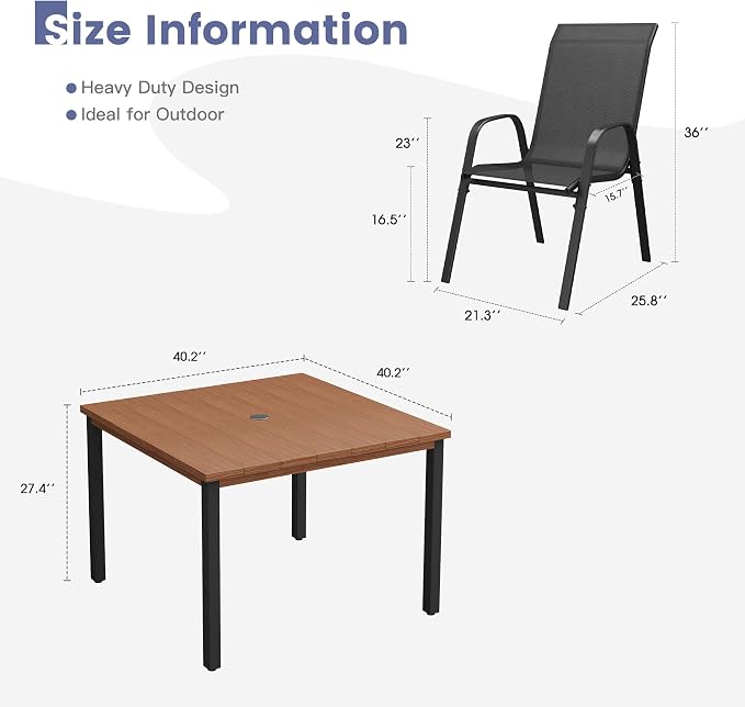 VICLLAX Square Outdoor Patio Dining Set, Metal Slatted Patio Table with Umbrella Hole and 4 Stackable Patio Chairs for Deck Lawn Garden, Black Fabric and Walnut Tabletop