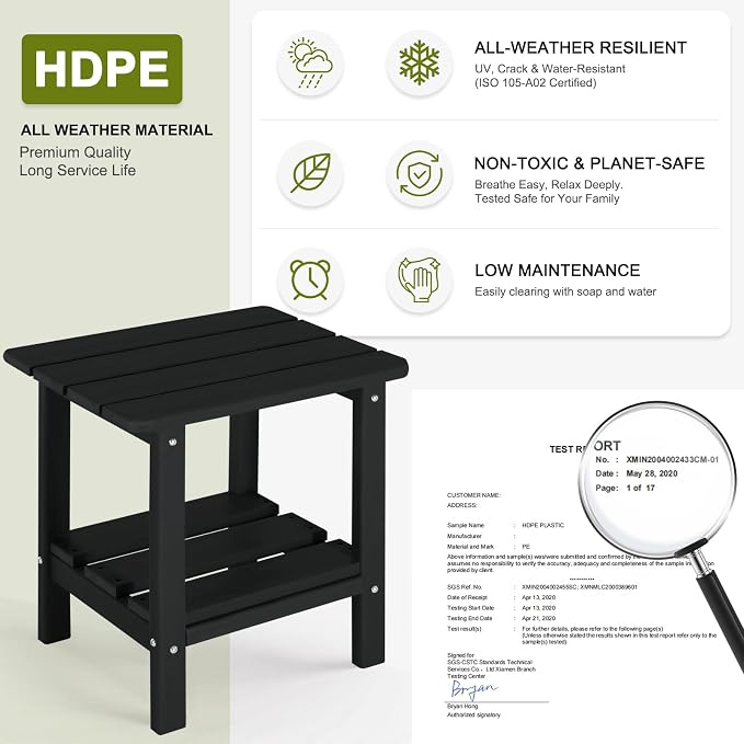 Adirondack Outdoor Side Table, 2-Tier Small Patio End Table, Weather Resistant HDPE Outdoor End Tables for Garden, Lawn, Pool, Beach, Porch, Deck, Backyard - Square, Black