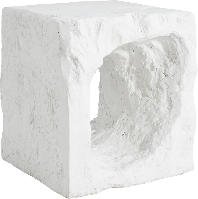 Christopher Knight Home Nataly 17.85" H Small Outdoor Side Table, Cubic Carved Garden Stool with Swirl Patterns, Lightweight Concrete End Table, Patio Decorative Home Stool for Balcony Backyard, White