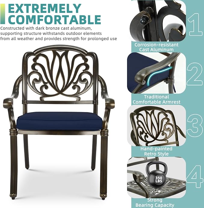 MEETWARM 9-Piece Outdoor Patio Table and Chairs Set, All Weather Cast Aluminum Patio Dining Set- 8 Cushioned Chairs, 61" Round Patio Dining Table with Detachable Lazy Susan, Umbrella Hole, Navy Blue