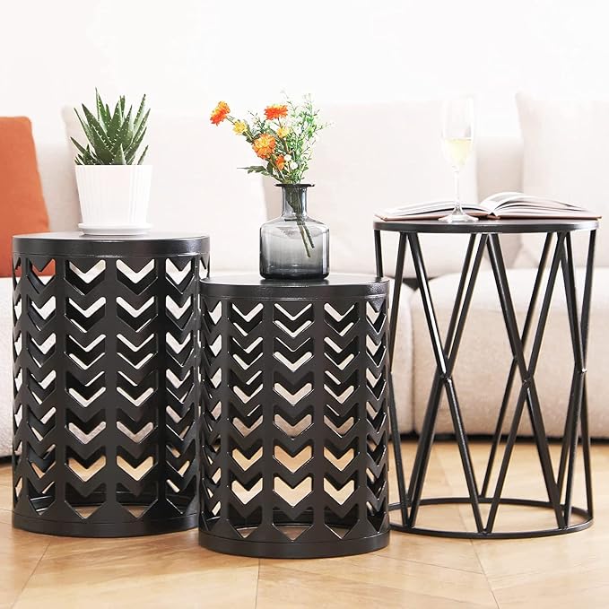 Y&M Outdoor Side Tables Set of 3, Nesting Metal End Coffee Tables, Indoor Round Accent Metal Tables for Patio, Porch, Balcony, Garden, Sunroom, and Living Room, Black