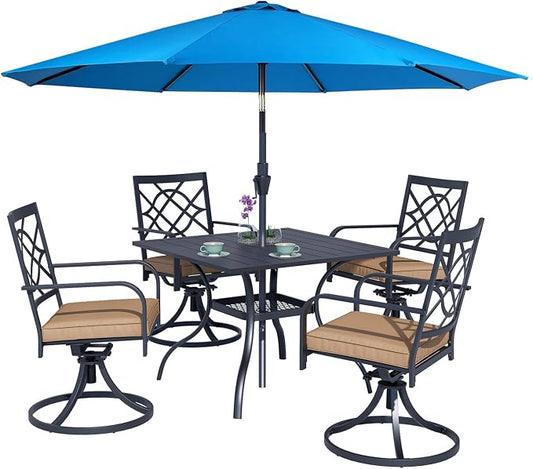 Crownland 5 Piece Patio Dining Set, 4 Swivel Metal Chairs and Square Outdoor Dining Table with Sky Blue 9FT Round Outdoor Umbrella (Metal Tabletop)