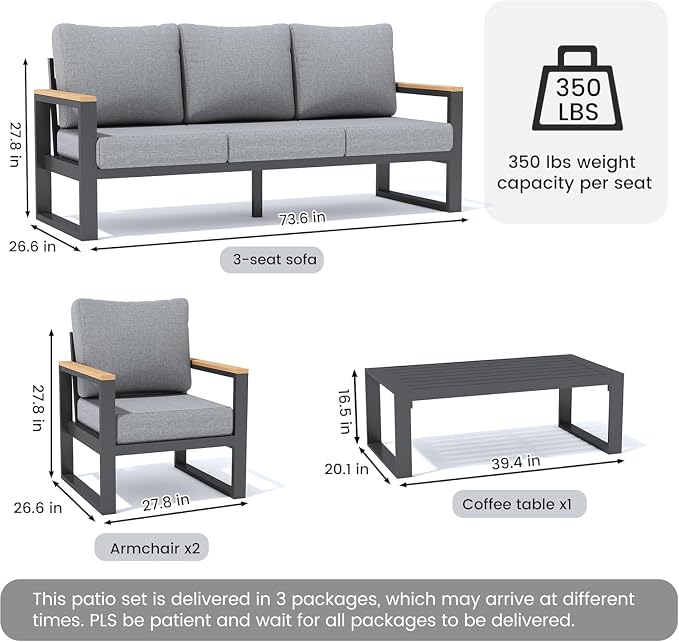 Sundale Outdoor Aluminum Patio Furniture Set, 4 Piece Outdoor Conversation Sets with Coffee Table and 6" Thick Olefin Cushions, All Weather Outdoor Sectional Set for Deck, Lawn, Yard (Grey)